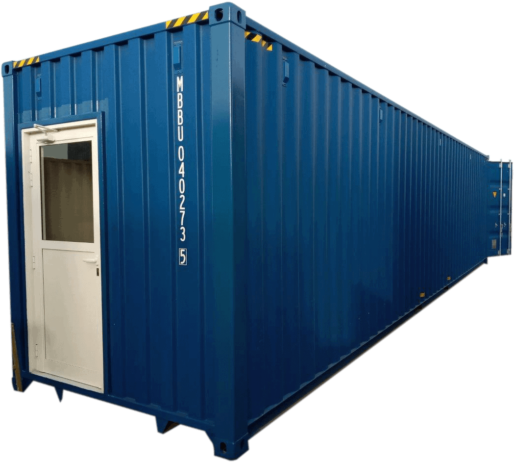 close up of prefab blue colour shipping container
