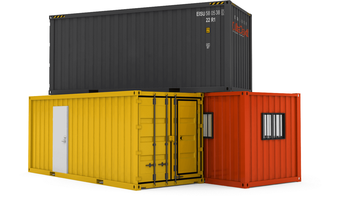 shipping containers in grey,yellow,red colour in black background